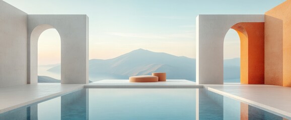 Fototapeta premium Serene poolside view with mountains in the background, minimalist architecture