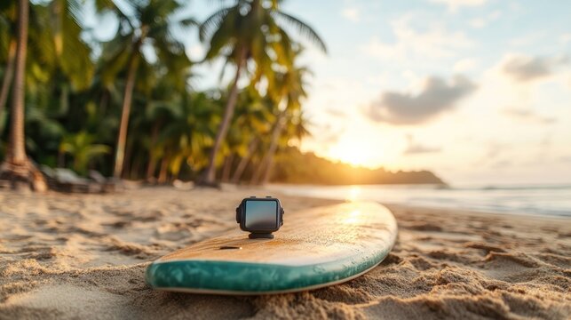Surfboard on sandy beach at sunset, action camera attached
