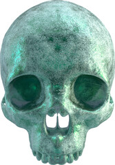 Greenish textured crystal skull digital rendering mysterious spooky detailed realistic reflective eerie glow haunting metallic surface artistic design fantasy element isolated illustration artwork