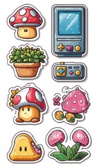 Adorable Retro Gaming Stickers: Mushrooms, Plants, and Consoles
