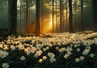 Obraz premium Serene Forest at Sunset with Blooming Daffodils and Golden Light