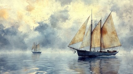 Fototapeta premium Two sailing ships on calm sea, misty background