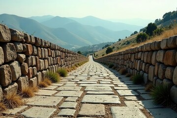 Ancient Stone Pathway Leading to Distant Mountains A Scenic Vista of Rugged Terrain and Timeworn Architecture