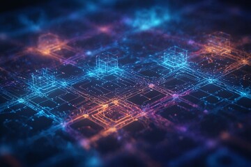 Futuristische digitale Netzwerkstruktur mit leuchtenden Datenverbindungen und transparenten Würfeln in einer abstrakten Darstellung von Cloud- und Blockchain-Technologie