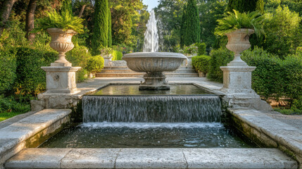 Elegant marble fountain with water cascading down in a classical garden