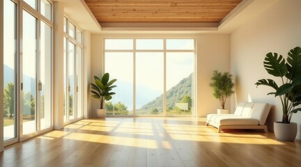 Fototapeta premium Serene Minimalist Living Room with Expansive Views and Sunlight Streaming Through Large Windows