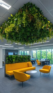 Modern office space with vibrant green living walls and yellow seating, creating a calming and productive atmosphere.