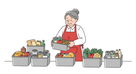 Senior volunteer sorting donated non-perishable foods at local food bank facility