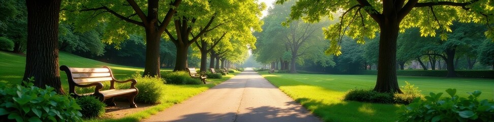 Tranquil park scene, inviting benches, abundant foliage , rest, view