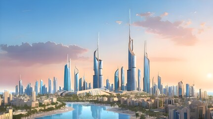 Fototapeta premium Skyline at sunset in Kuwait City, Kuwait.generative.ai 