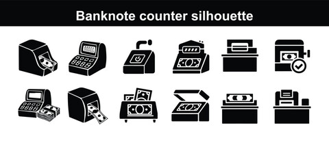 Money Transfer Black Line & Fill Vector Icon Banknote counter putting money into currency counting machine outline vector illustration, putting currency into Vector Cash Counter Glyph Gradient Icon
  