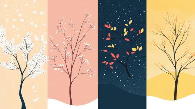 Four Seasons Tree Cycle Winter with Spring, Autumn, and Summer.