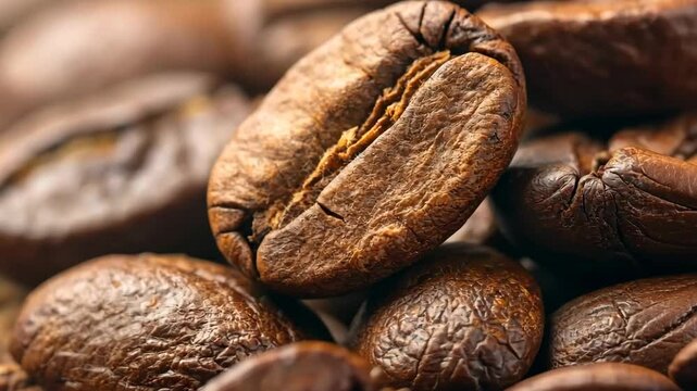 Close up of roasted coffee beans showcasing their rich texture and deep brown color, evoking sense of warmth and aroma, with intricate details of beans surface and natural patterns in macro detail.