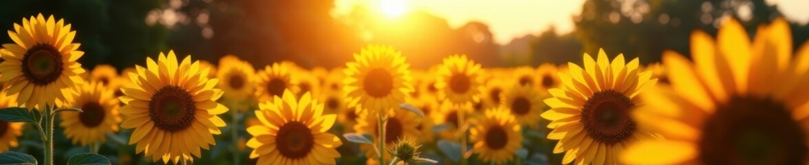 Obraz premium Golden hour in a sunflower garden, colorful flowers, photography, peaceful