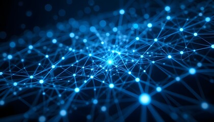 Abstract Blue Glowing Network with Connected Nodes and Lines on Dark Background,