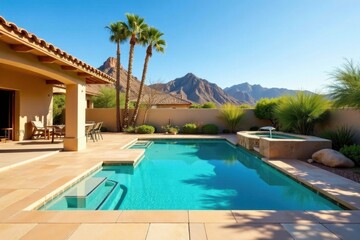 Arizona travertine pool deck, desert backdrop, bright, water, style