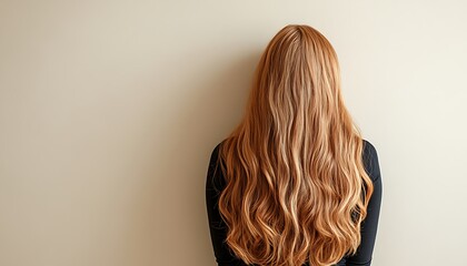 Fototapeta premium A woman with long wavy red hair facing a wall