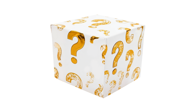 boîte mystère, carton blanc recouvert de points d'interrogation dorés - fond transparent