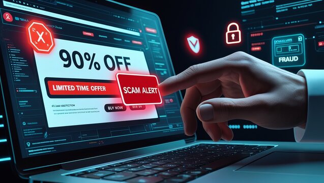 A close-up of a hand hovering over a laptop screen displaying a scam alert notification, featuring bright red and blue graphics.