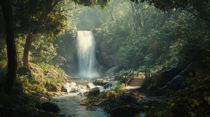 A hidden waterfall in a secluded forest with a small footbridge crossing a stream