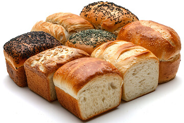 Assorted fresh baked loaves of bread with varying toppings on a white surface.