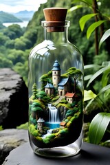 Miniature Waterfall Landscape in Glass Bottle