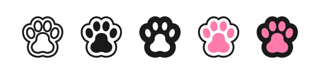 Cute black pink paw line icons set. Pet shop, animals, print, veterinary sign, symbol collection. Isolated on a white background. Editable stroke. 