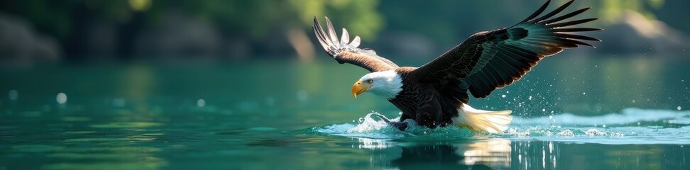 Majestic bald eagle diving for fish in clear water , focus, action