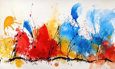 Abstract watercolor painting of vibrant colors with splatters and lines