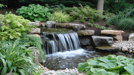A small, gentle waterfall in a tranquil garden with well-maintained foliage