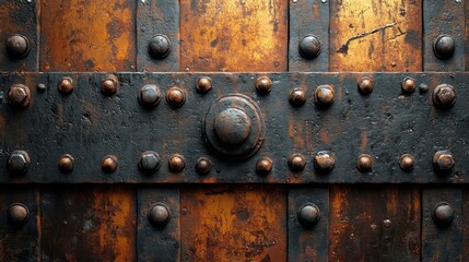 Close Up View of Weathered Rusty Metal Door Panel with Rivets and Bolts