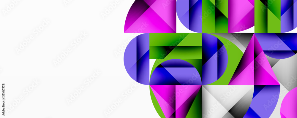 Poster Abstract geometric artwork with overlapping circles and gradients, circle square triangle shapes background featuring sharp angular cuts, smooth shading, and structured layered composition