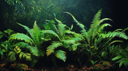 Fototapeta premium A dense cluster of vibrant green ferns flourishes in a lush jungle setting, illuminated by gentle light, enhancing the plant's natural beauty