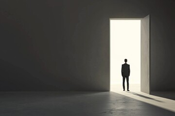 A person in formal attire stands at an open door, gazing into a bright space representing hope, possibilities, and new beginnings
