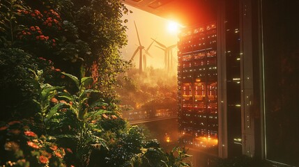 Futuristic cityscape featuring natural elements and renewable energy sources
