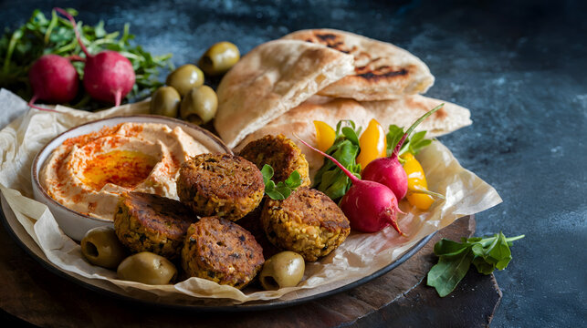 Crispy falafel on parchment paper, paired with creamy hummus sprinkled with paprika and warm pita bread. This Middle Eastern dish offers a delightful mix of textures and flavors, perfect for a savory,
