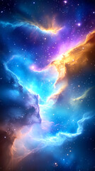 Fototapeta premium A stunning nebula displays a mix of blue, purple, and orange hues against a backdrop of sparkling stars, creating a mesmerizing celestial landscape in deep space