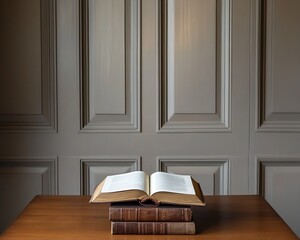 Open Book and Two Closed Books on Wooden Table Against Paneled Wall