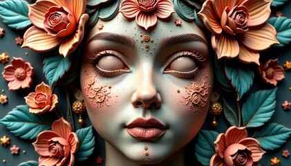 Intricate floral design etched into clay face, photography, beige