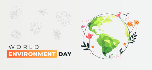 Creative World Environment Day illustration featuring a geometric Earth surrounded by flowers and leaves, symbolizing nature conservation, sustainability, and the importance of protecting our planet