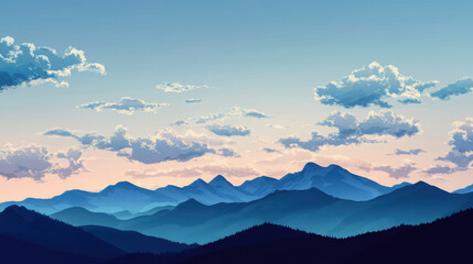 Fototapeta premium Silhouetted mountains against a backdrop of fluffy, scattered clouds at dusk