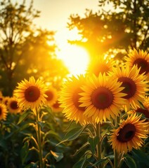 Obraz premium Vibrant sunflowers bathed in golden sunlight, idyllic summer landscape, idyllic, leaf, rays