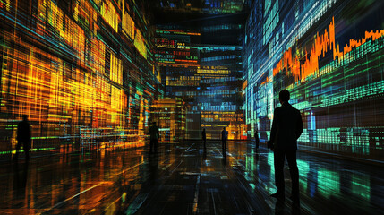 A silhouetted figure stands in a futuristic data center with vibrant digital displays and graphs