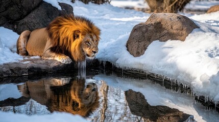 Majestic Lion Resting by a Frozen Pond Surrounded by Snow in a Winter Landscape