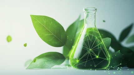 Futuristic biotechnology concept with glowing low polygonal chemical beaker and green leaves