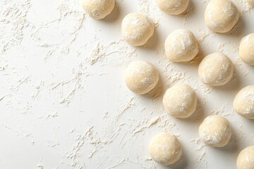A top view of several medium raw dough balls scattered on a light countertop, preparing for the baking process in a kitchen setting