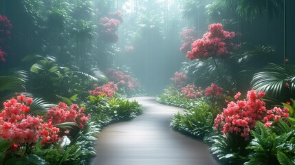 Lush green pathway with vibrant red flowers on both sides