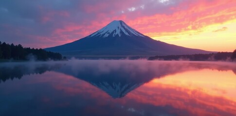 Fototapeta premium Misty dawn, volcanic peak mirrored in still lake water, reflection, ethereal