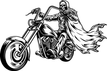 Ghost Skull Motorcycle a haunting fusion of speed and darkness in SVG and vector format. Grim Reaper Riding Chopper Motorcycle in Black and White Illustration