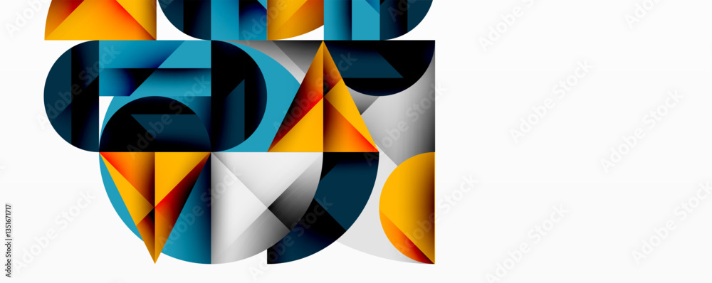 Poster Abstract geometric artwork with overlapping circles and gradients, circle square triangle shapes background featuring sharp angular cuts, smooth shading, and structured layered composition
